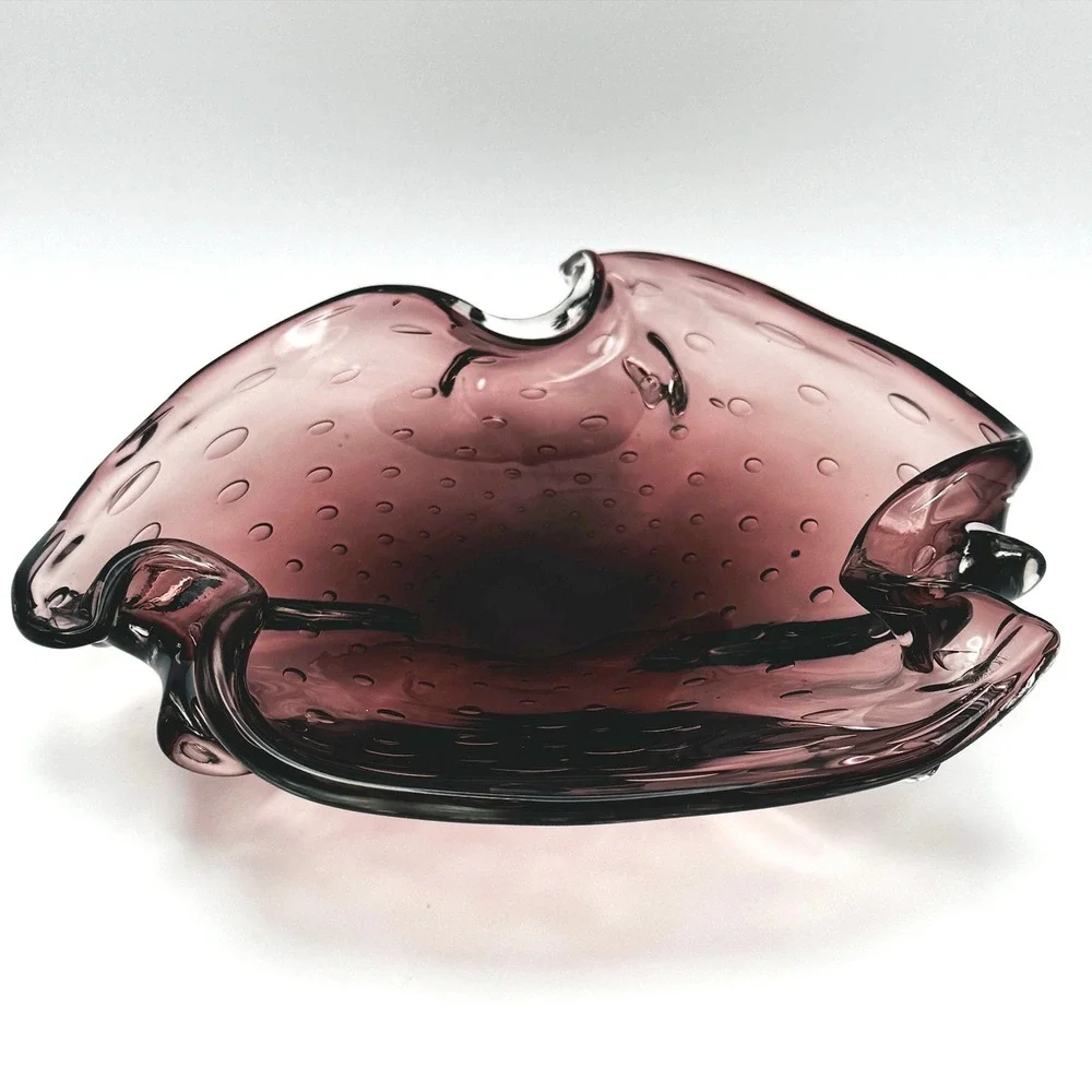 Vintage Amethyst Bullicante Art Glass Bowl Murano Style Controlled Bubble Dish